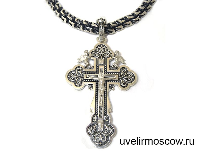 Цепочка плетения бисмарк с крестом «Распятие» из черненого серебра