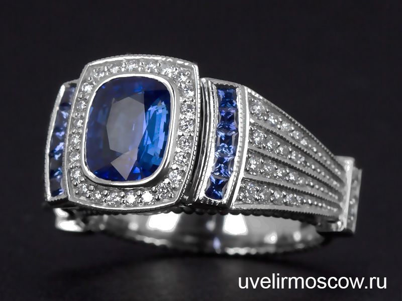 Женское кольцо из платины с сапфирами и бриллиантами