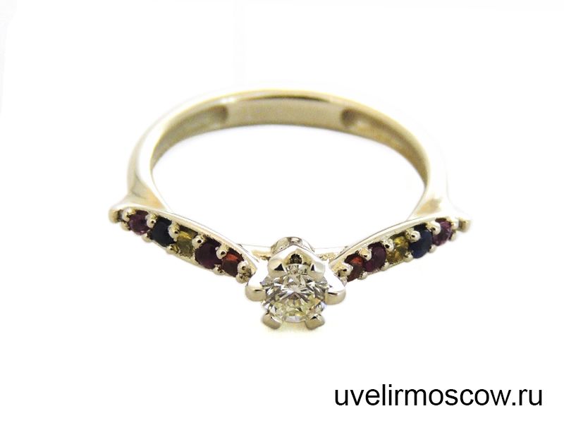 Кольцо «Гондолы» из желтого золота с бриллиантом и цветными сапфирами