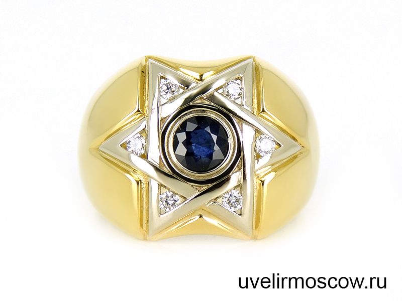 Мужской перстень из комбинированного золота с сапфиром и бриллиантами «Звезда Давида»