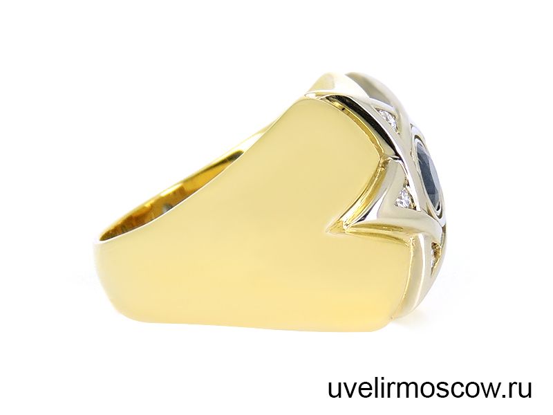 Мужской перстень из комбинированного золота с сапфиром и бриллиантами «Звезда Давида»