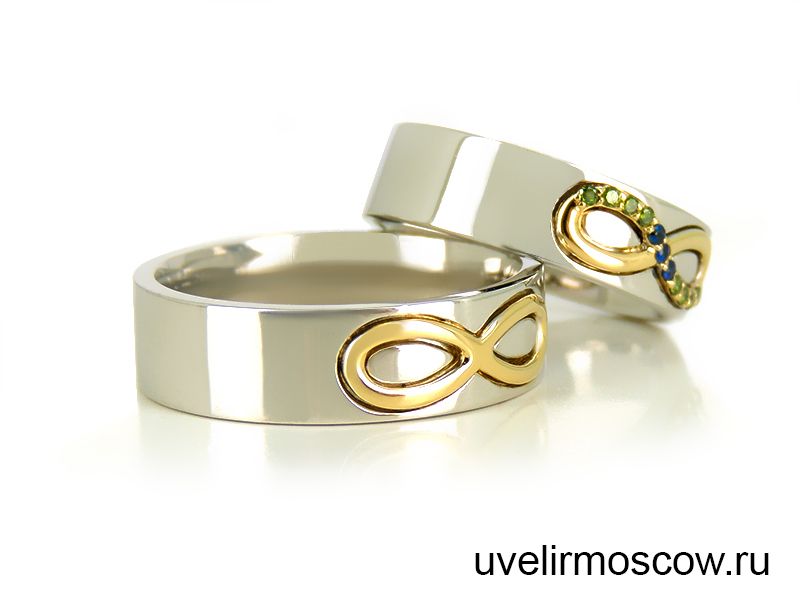 Обручальные кольца «Бесконечность» из белого и желтого золота