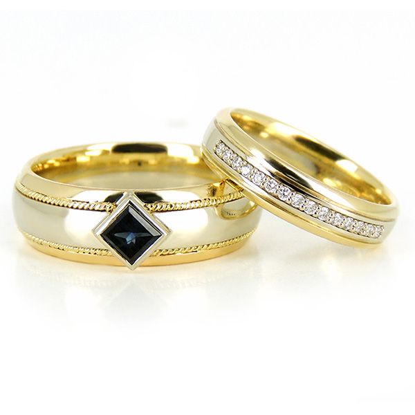 Обручальные кольца из комбинированного золота с сапфиром и бриллиантами