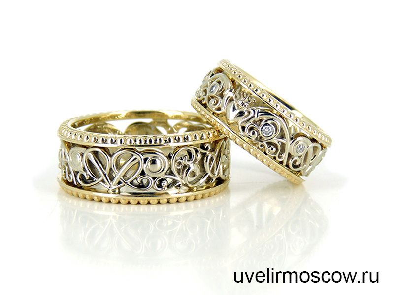 Обручальные кольца «Кладдах» из комбинированного золота с бриллиантами