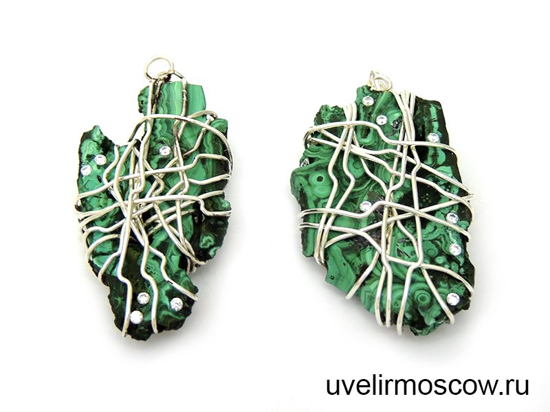 Парные серебряные подвески с малахитом и бриллиантами