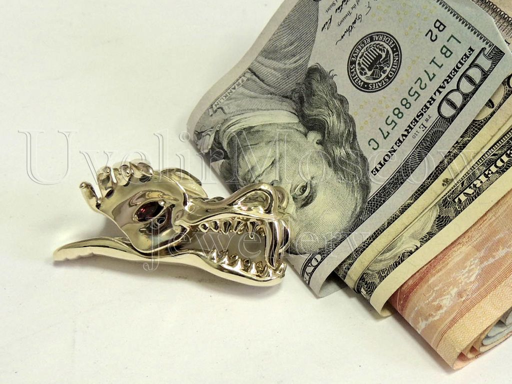 Зажим для денег из желтого золота «Голова Дракона» с рубинами